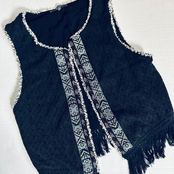 Miss Me Black Beaded Fringe Boho Festival Vibes Cropped Waistcoat Vest - Picture 2 of 8